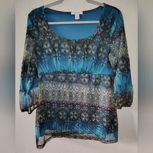 Vintage Dressbarn Blue Artsy Boho Fairy Grunge Indie Sheer Babydoll Top Medium